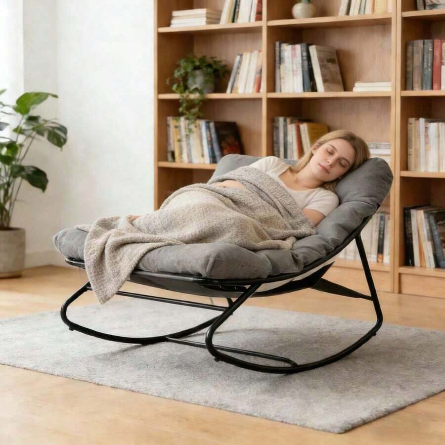 Oversized Papasan Rocking Chair With Thick Cushion – Indoor Outdoor Lounge Rocker Patio, Balcony & Living Room - Xám - Xem 1