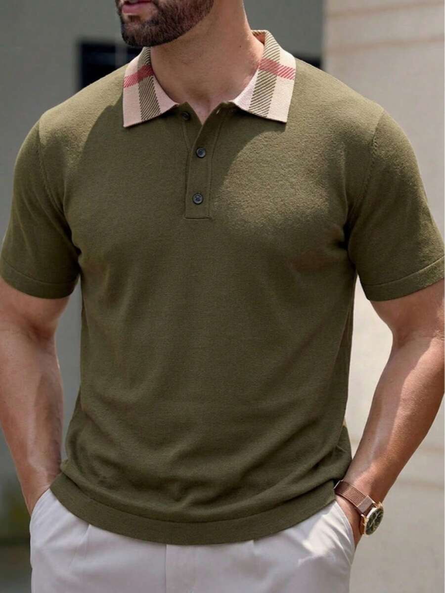 LOOKUN Colorblock Polo Shirt For Men, Plaid Collar Business Casual Knit Top, Fashionable Versatile Short Sleeve, Spring/Summer - Green - View 1