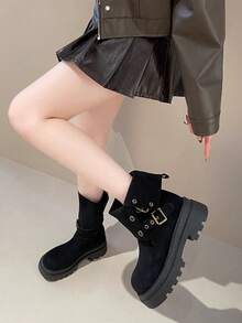 Damen Britischer Stil Leder Schnallen Motorradstiefel, Dicke Sohle Retro Wadenlange Stiefel erhöhen die Größe, schlanke Stiefel, Veloursleder Doppel-Trage Stiefel, geeignet für Pendler Outfits - Schwarz - Übersicht 2
