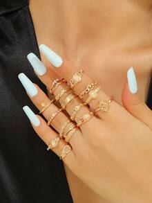 15pcs Set Moonstone Hollow Embossed Elephant, Moon, Star Design Rings, Suitable For Daily Wear And Parties - 15-piece Set - View 1