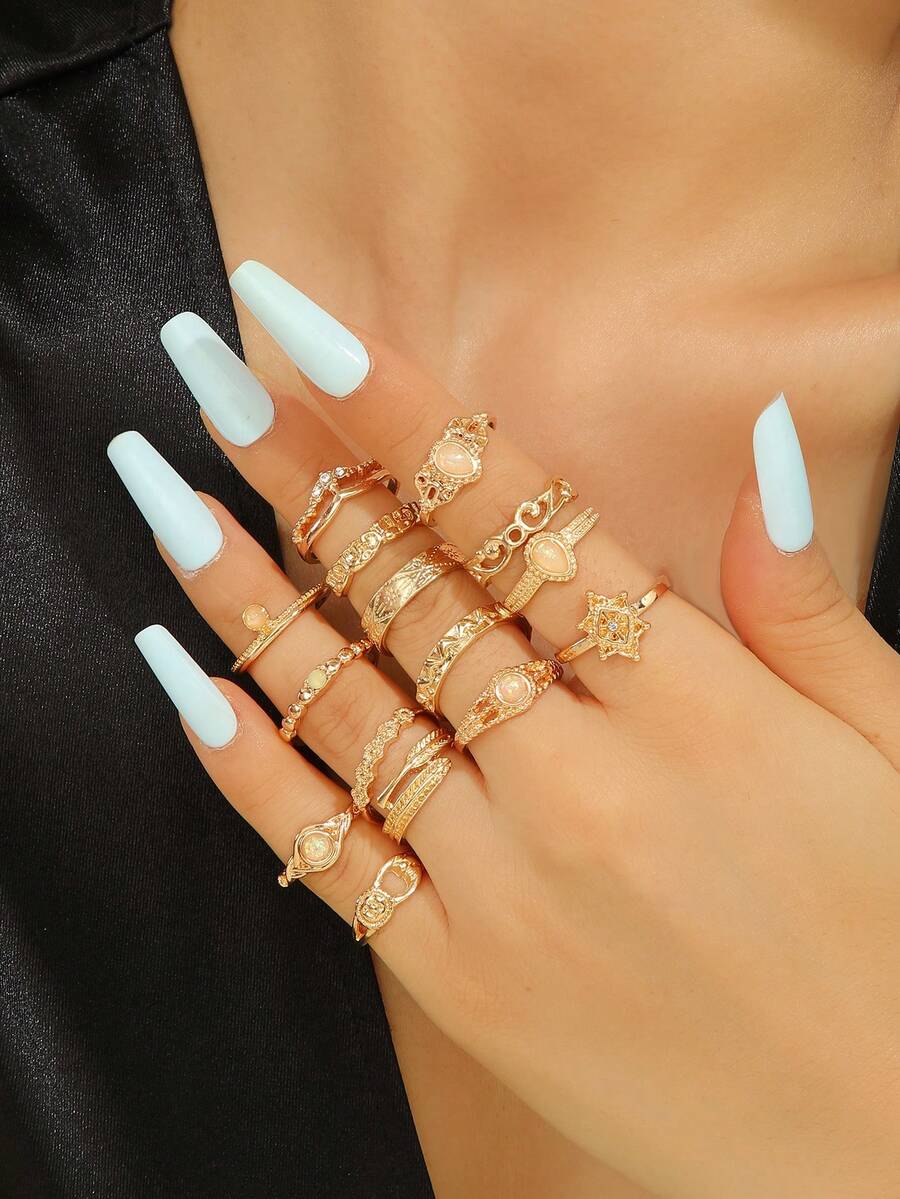 15pcs Set Moonstone Hollow Embossed Elephant, Moon, Star Design Rings, Suitable For Daily Wear And Parties - 15-piece Set - View 1