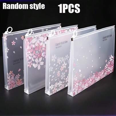 1 waterdichte documententas met ritssluiting, A4-formaat - transparant roze Sakura-patroon, geschikt voor kantoor, thuis, op reis en andere documenten van briefformaat, lichtgewicht decoratieve opbergtas voor diverse doeleinden.