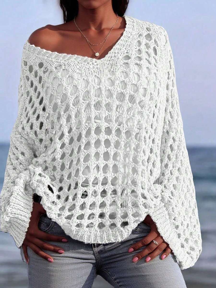 Summer Vacation Casual Loose Hollow-Out Knit Sweater White - White - View 1