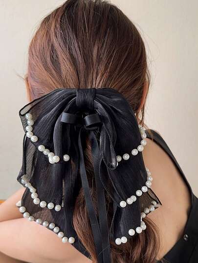 1个空灵珍珠丝带蝴蝶结发夹，蝴蝶造型，适合马尾辫，优雅发饰