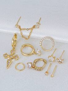 10pcs Elegant Cubic Zirconia Inlaid Cross Pendant Necklace & Earrings Set, Suitable For Women To Wear At Birthday Parties, Music Festivals And Layer - Yellow Gold - View 4