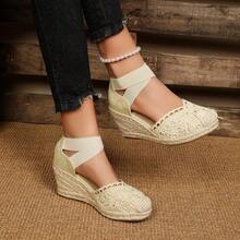 Women's Criss-Cross Elastic Mesh Floral Velvet Linen Rope Casual Wedge Shoes - Beige - View 7