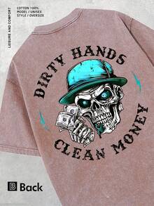 Summer Outfits "Clean Hands, Clean Money" Men's Vintage Street Style Printed T-Shirt, Featuring A Skull Design Holding Money Notes, Casual Round Neck, Short Sleeves, 230g Washed Cotton, Loose Fit, Machine Washable, Suitable For Outdoor And Street Wear. Vacation Outfits Women Button Up Vacation Outfits Men Manfinity FGK3 - 咖啡色 - 查看 12
