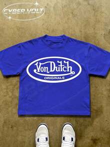 Dutch Manfinity Y2K Style Print (180g Pure Cotton T-Shirt) Cotton T-Shirt - Soft And Breathable, Green Print 100% Pure Cotton Fabric - Comfortable And Vibrant Summer Streetwear Short-Sleeved T-Shirt, Cool Motorcycle Design, Vintage Summer Everyday Wear T-Shirt - 藍色 - 查看 1