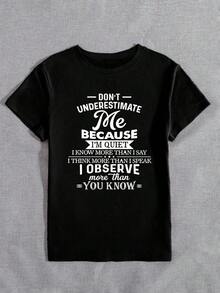 No me subestimes porque soy silenciosa, camiseta de manga corta con cuello redondo y estampado de letras para mujer. NO ME SUBESTIMES PORQUE SOY SILENCIOSA, SÉ MÁS DE LO QUE DIGO, PENSO MÁS DE LO QUE HABLO, OBSERVEZCO MÁS DE LO QUE SABES. Camisetas gráficas para mujer, 100% algodón. - Negro - Ver 4