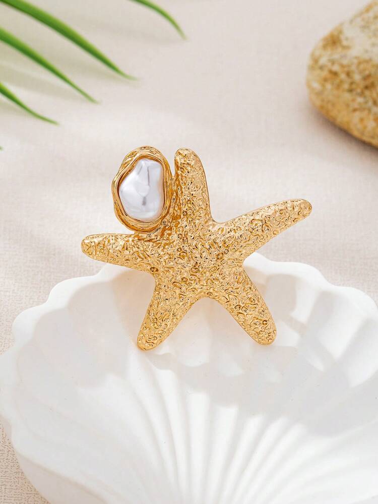 Anillo abierto hueco con estrella de mar y perla irregular de temática marina, adecuado para uso diario, vacaciones y accesorios de playa de las mujeres - Dorado - Añade 8