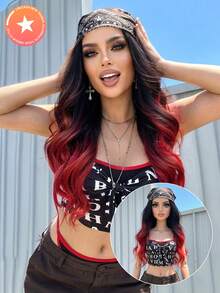 红色渐变20英寸长波浪卷合成假发，自然红色渐变水波纹假发，适合女性，非洲裔角色扮演日常发型，中分，耐热 - 漸層紅色 - 查看 1