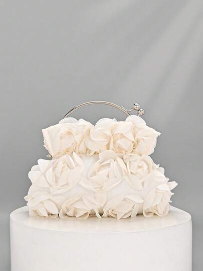 OpulAura Women's Elegant Cream White Rose Decor Evening Clutch, Pleated Satin Floral Evening Clutch Purse Party Bag - Fashionable Chiffon Petal Handbag With Chain Shoulder Strap, Fits ProMax Size Phone And Essentials, Perfect For Bride, Wedding, Date, Prom, Holiday, Formal Occasions, Graduation Party, Spring Gala, Cocktail Party And Special Events (Pattern Random)