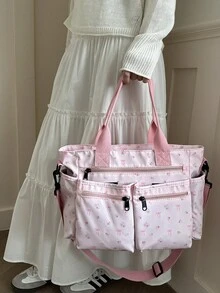 Tas jinjing bahu minimalis modis berkapasitas besar dengan banyak saku, cocok untuk sekolah, kerja, perjalanan, dan bisnis. - Berwarna merah muda - View 3