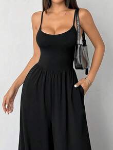 Bộ áo liền quần mùa hè cho nữ, màu đen, dây mảnh, ống rộng, kiểu dáng thường ngày, thích hợp cho kỳ nghỉ, tiệc tùng, du lịch. - màu đen - Xem 5