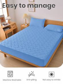 1pc Waterproof Solid Color Fitted Sheet, Skin-Friendly Mattress Protector, Dust-Proof & Moisture-Proof Mattress Cover, Ultrasonic Embossed Suitable For All Size Mattresses, Bedding Gift, Machine Washable - Clear Blue - View 5