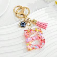 1个新款粉色26个英文字母钥匙扣，带邪眼流苏吊坠，可作钥匙链或包包挂饰 - 彩色 - 查看 5