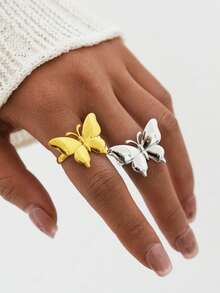 Frminee 2pcs/1pc Summer Butterfly 18k Gold Plated Stainless Steel Ring, Cute Insect Animal, Waterproof, Time For Daily Wear, Holiday Gift - Multicolor 2 - View 6