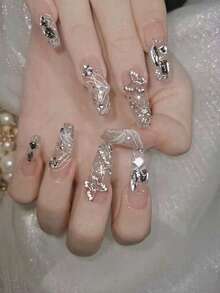 Elevate Your Nail Game Instantly With 30 Pcs Medium Long Coffin French Nude Butterfly Rhinestone Glitter Press-On Nails, Complete With 1 Jelly Glue And 1 Nail File. Perfect For Parties, Dances, And Daily Casual Wear, These Are Removable And Reusable. Press-On Nails, Nail Supplies, Nails - Multicolor - View 2