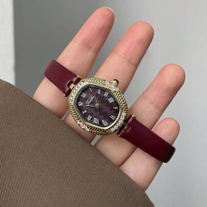 1pc CILOA Women's Burgundy Leather Watch, Retro Rhinestone Design, Roman Numeral Checkered Dial, Suitable For Daily Wear, Commuting And Dating
