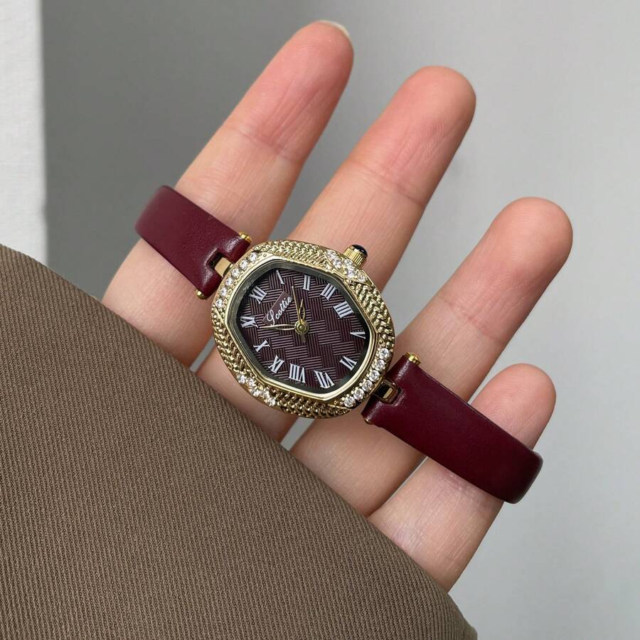 1 chiếc đồng hồ nữ CILOA dây da màu đỏ tía, thiết kế đính đá retro, mặt số La Mã kẻ ô vuông, phù hợp để đeo hàng ngày, đi làm và hẹn hò. - Màu Đỏ Sâu - Xem 1