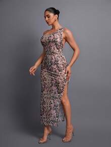 时尚高开衩网纱晚礼服，艺术感十足的不对称领口和动物纹理，适合派对、正式活动、时尚摄影、艺术聚会、正式晚宴、婚礼、粉色派对、度假等场合。 - 粉色 - 查看 8