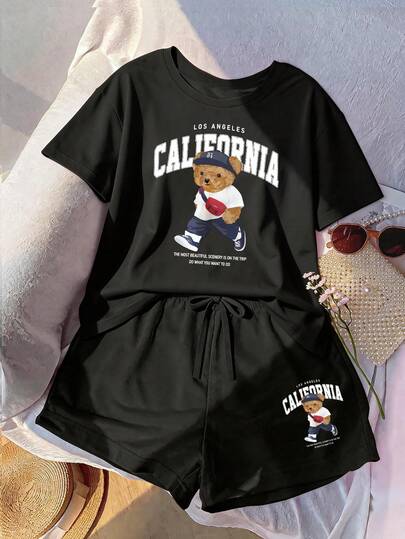 Plus Size Women's 2-Piece Shorts Set, Including 1 California Bear Graphic Drop Shoulder Tee And 1 Drawstring Shorts, Perfect For Casual Summer Wear