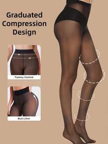 1/3 Pairs Women's 15mmHg Compression Pantyhose, Foot Grip Silicone, Graduated Compression Shaping Legs And Butt, Ultra-Thin Semi-Sheer Tights, Available In Black, Apricot, Coffee And Other Colors, Elegant, Comfortable And Skin-Tight, Smooth Sheer Pantyhose, Women's Compression - Multicolor - View 5