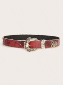 Women's Vintage All-Match Western Style PU Leather Belt With Three Buckles & Carved Flowers, Leopard & Cow Pattern Halloween Summer, School Fall, Autumn, Halloween - 黑色 - 查看 1