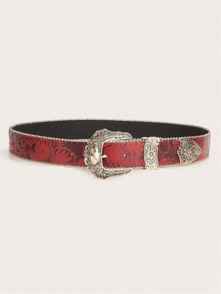 Women's Vintage All-Match Western Style PU Leather Belt With Three Buckles & Carved Flowers, Leopard & Cow Pattern Halloween Summer, School Fall, Autumn, Halloween - 黑色 - 查看 1