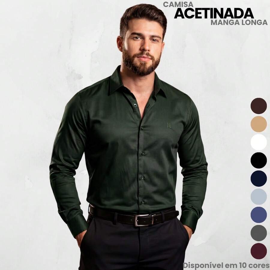 Men's Satin Shirt Premium Fabric Simple Regular Fit Button - 軍綠色 - 查看 1