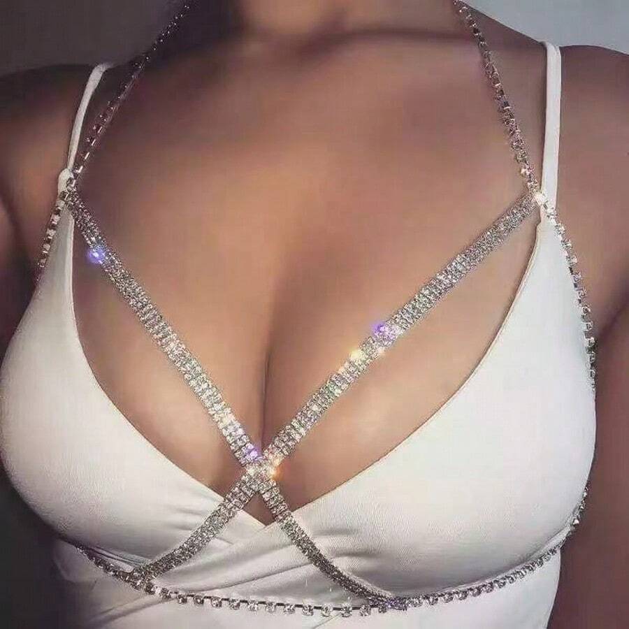 女士经典胸罩链，镶钻身体饰品，性感派对配饰 - 金色 - 查看 1