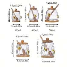 1pc 10/14/17oz Glass Honey Jar With Bee Pattern, Transparent Honey Storage Container With 1 Wooden Stirrer, 1 Wooden Lid And 1 Wooden Base, Suitable For Syrup Storage, Home, Wedding, Party, Kitchen - View 4