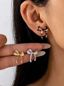 3 Pairs Fashion Personalized Metallic Glaze Leopard Print And Bowknot Stud Earrings Set, Suitable For Women For Parties And Various Occasions, And As Gifts For Valentine's Day, Mother's Day, Mother's Day - Multicolor - View 3
