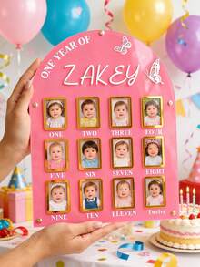 1个定制宝宝12个月照片相框，个性化“一周岁”12个月宝宝照片拼贴相框，蝴蝶造型宝宝里程碑板，粉色亚克力宝宝纪念装饰，新生儿至一周岁照片相框，宝宝一周岁生日相框，婴儿派对/一周岁生日派对用品，每月里程碑展示纪念品，送给新手妈妈、爸爸和祖父母的理想礼物，个性化礼物，照片框 - 彩色 - 查看 7