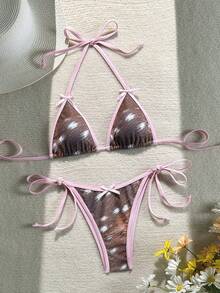 Conjunto de bikini sexy y dulce - Calzoncillos de cintura alta con estampado de ciervos + Cubierta rosa transparente con cordones | Diseño de contraste salvaje imprescindible para la playa y la fiesta de la piscina en verano - Multicolor - Ver 4