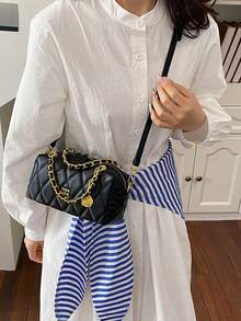 高端黑色绗缝手提包，时尚百搭手提单肩斜挎枕包，女士 - 黑色 - 查看 6