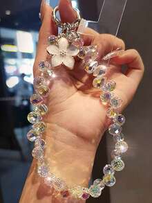 1条花卉水晶手机挂绳，独特高端女士手机壳挂饰，串珠手链短腕带，适合户外旅行和购物，防止手机丢失 - 彩色 - 查看 5