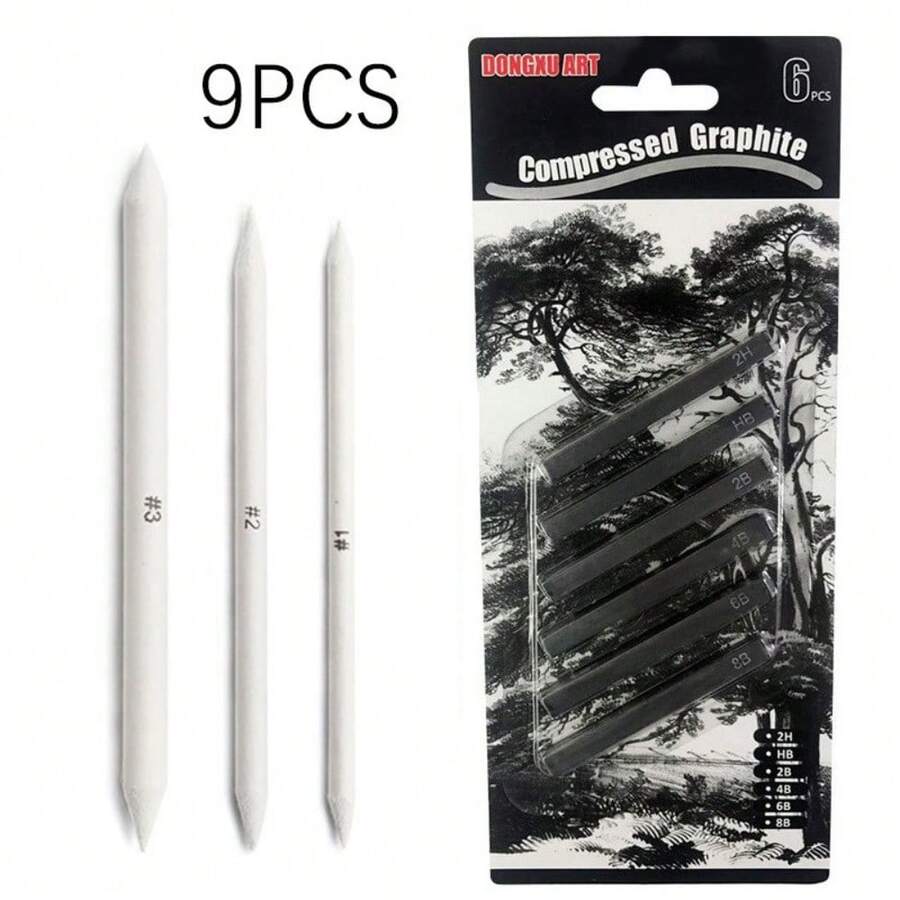Set de 9 piezas de papel para dibujo a lápiz, borrador y lápices, palitos de carboncillo mixtos para dibujo, pintura y graffiti DIY - Juego de dibujo a carboncillo de 9 piezas - Ver 1