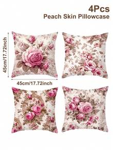 Conjunto de 4 capas de almofada de veludo rosa, estilo retrô, macias e com toque de pele de pêssego, estampa em um lado, decoração com tema de rosas, ideal para festas de aniversário, aniversários, com laço rosa, perfeitas para o Dia das Mães, chá de panela, laváveis à máquina, perfeitas para sala de estar, sofás, casa, quarto, decoração festiva, lembrancinhas, chá de bebê e ideias para presentes (enchimento não incluso). - Rosa - Ver 4