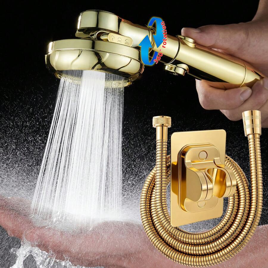 Bộ 3 vòi sen hình hoa sen có áp lực, 3 chế độ phun, xoay 360°, ống dẫn nước bằng thép không gỉ dài 59 inch, giá đỡ điều chỉnh được, món quà lý tưởng cho phòng tắm. - Vàng - Xem 1