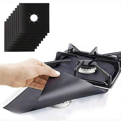 4个耐热、防油、可重复使用的燃气灶炉头盖，黑色和银色，边缘凸起，防止油渍和溢出