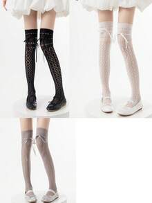 1/3 双春夏薄款过膝袜，芭蕾舞风格交叉绑腿袜，洛丽塔蝴蝶结过膝袜，网眼镂空大腿袜，隐形袜，长筒袜，直筒袜 - 彩色 - 查看 33