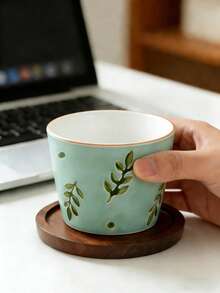 1 Juego de taza de té, taza de café, juego de tazas de té, taza de postre/pudín con diseño de hojas verdes, taza con agarre, taza de té personal creativa, taza anti-derrames, pintada a mano en cerámica - Multicolor - Ver 12