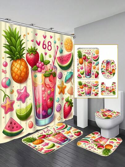 1/3/4件套夏日水果冰沙图案浴帘套装，家居装饰，浴室帘，浴室套装，浴室配件，包含浴帘，浴室浴帘套装。多尺寸浴帘套装，装饰性浴室配件包括浴帘、U型马桶座套、防滑垫、马桶座套和12个浴帘挂钩。适合作为乔迁、生日、节日礼物，以及情侣间的赠礼。
