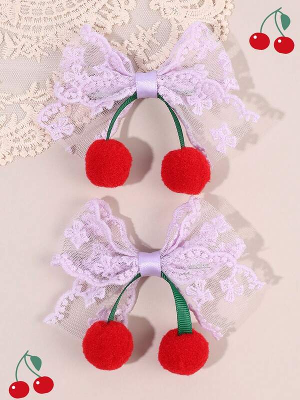 2 piezas Clips de lazo de pelo con bola de cereza de encaje para niñas, Clips de pelo con lazo morado, Clips de caimán, Barrettes de moño de cereza exquisitas y lindas, Regalos para niñas, Accesorios de pelo para la vida diaria