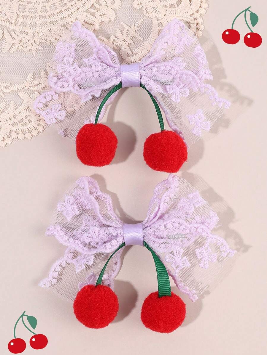 2 Stücke Kirsche Haarball Spitze Haarschleife Clips für Mädchen, lila Bogen Haarclips, Alligatorclips, exquisite süße Kirsche Schleife Barrettes, Geschenke für Mädchen, Haarzubehör für den Alltag - Mauve - Übersicht 1