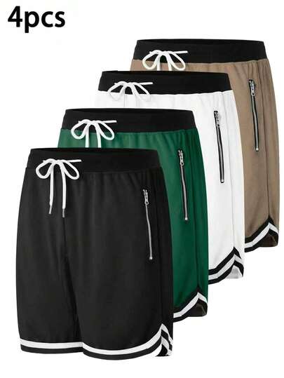 4pcs Men's Summer Sports Shorts, Casual Breathable 100% Polyester Knit Fabric, Solid Color With Pockets, Regular Style, No Waistband, Slight Stretch - Basketball Shorts