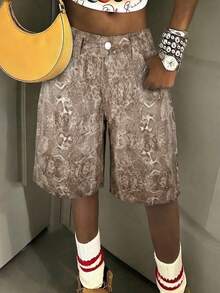 Casual Women's Denim Bermuda Shorts Straight Leg Non-Stretch Snake Print Pattern - Camel - View 7