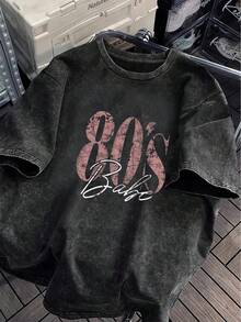 Camiseta gráfica retro de los 80 para mujer de talla grande - Camiseta holgada de talla grande con estampado de letras grandes, de manga corta, cuello redondo, lavada, adecuada para todas las estaciones, lavable a máquina, cómoda, ajuste relajado, diseño divertido, tela de algodón, adecuada para uso diario, estilo de ropa de calle retro, negro de verano - Negro - Ver 1