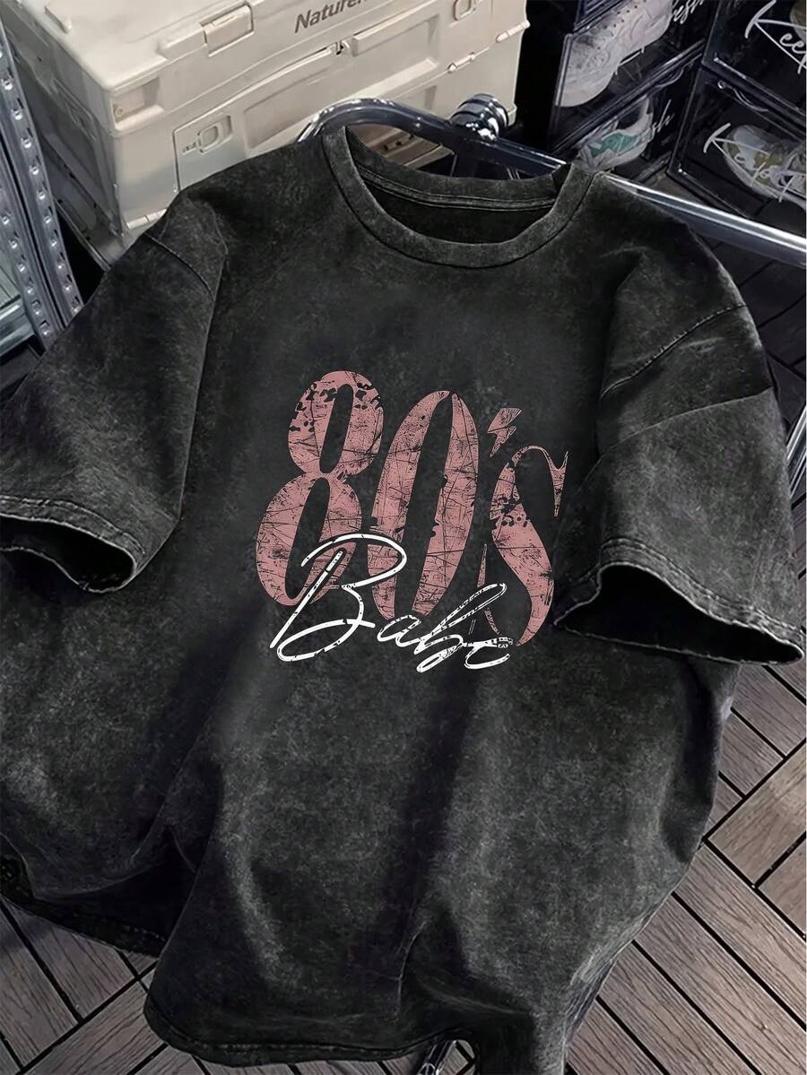 Camiseta gráfica retro de los 80 para mujer de talla grande - Camiseta holgada de talla grande con estampado de letras grandes, de manga corta, cuello redondo, lavada, adecuada para todas las estaciones, lavable a máquina, cómoda, ajuste relajado, diseño divertido, tela de algodón, adecuada para uso diario, estilo de ropa de calle retro, negro de verano - Negro - Ver 1
